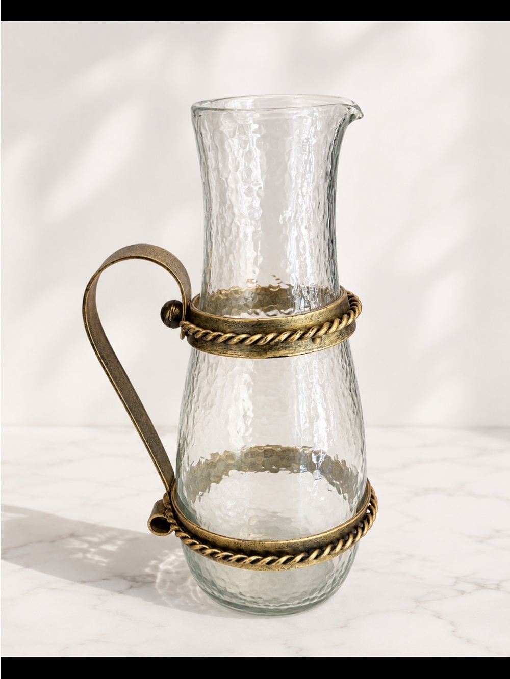 Vintage hammered  Glass Pitcher with Antique brass Accent Handle